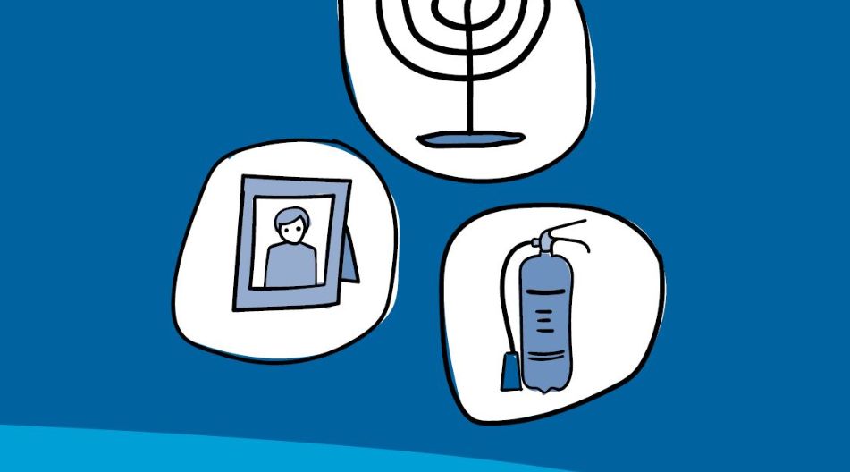 Illustration mit drei Symbolen: eine Menora, ein gerahmtes Porträt und ein Feuerlöscher. Darunter steht der Text „Umgang mit Antisemitismus“. Illustration mit drei Symbolen: eine Menora, ein gerahmtes Porträt und ein Feuerlöscher. Darunter steht der Text „Umgang mit Antisemitismus“.