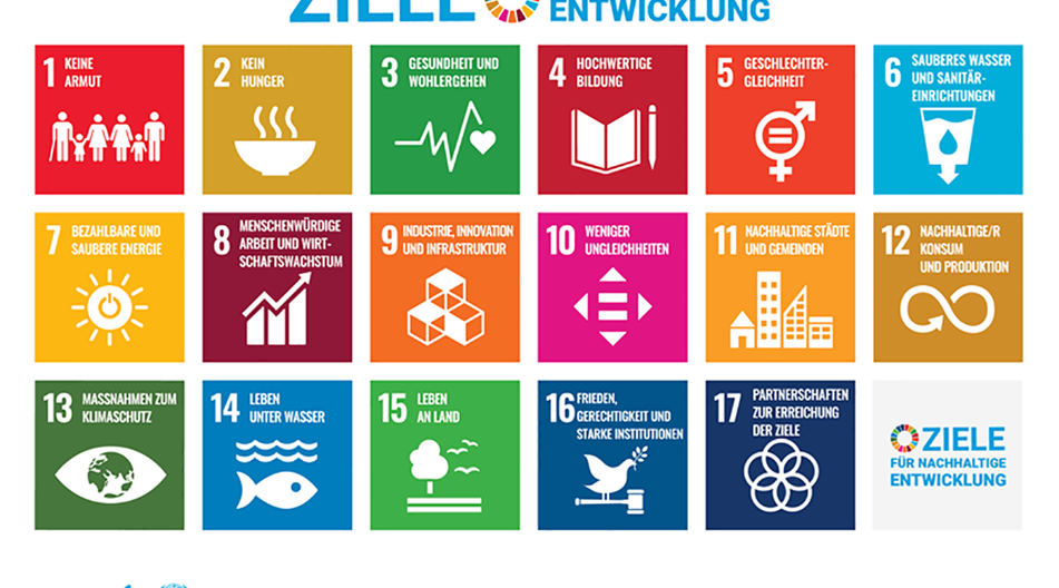 Ein Poster der UN zeigt die 17 Ziele für nachhaltige Entwicklung in deutscher Sprache. Jedes Ziel ist in einem farbigen Kästchen mit einer Zahl, einem Symbol und einer Beschreibung dargestellt Ein Poster der UN zeigt die 17 Ziele für nachhaltige Entwicklung in deutscher Sprache. Jedes Ziel ist in einem farbigen Kästchen mit einer Zahl, einem Symbol und einer Beschreibung dargestellt